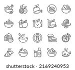 Meal line icons. Vegatable dish, poke bowl food and healthy salad set. Pizza, pasta spaghetti bowl and burger line icons. Breakfast meal, vegetable salad and fish. Apple and carrot fresh juice. Vector