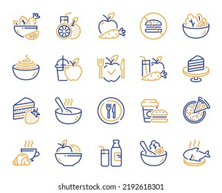 Meal line icons. Vegatable dish, poke bowl food and healthy salad set. Pizza, pasta spaghetti bowl and burger line icons. Breakfast meal, vegetable salad and fish. Apple and carrot fresh juice