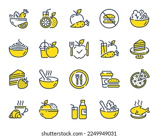 Meal line icons. Vegatable dish, poke bowl food and healthy salad set. Pizza, pasta spaghetti bowl and burger line icons. Breakfast meal, vegetable salad and fish. Apple and carrot fresh juice. Vector