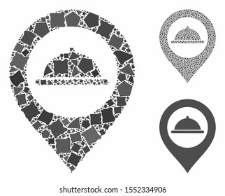 Meal marker mosaic of bumpy parts in various sizes and color tones, based on meal marker icon. Vector unequal parts are combined into composition. Meal marker icons collage with dotted pattern.