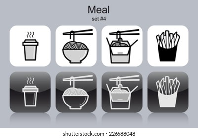 Meal menu food and drink icons. Set of editable vector monochrome illustrations.
