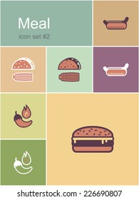 Meal menu food and drink icons. Set of editable vector color illustrations in Metro style.