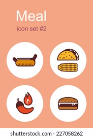 Meal menu food and drink icons. Set of editable vector color illustrations.