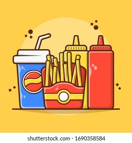 Meal Menu  French Fries with Soda, Ketchup and Mustard Vector Illustration. Menu Fast Food and Junk Food Flat Cartoon Style Suitable for Sticker, Wallpaper, Icon, etc.