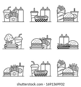 Meal Menu Junkfood and Fast Food icons set vector illustrations. Burger, French Fries, Mustard, Ketchup, Drink, Cola, Soda, Ice Cream, Kebab, Hot Dog. Pixel perfect. Editable Stroke.
