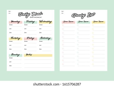 Meal menu planner and shopping grocery list with checklist for print template in pastel color style