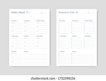 Meal menu schedule planner and shopping grocery list with checklist for print template simple design