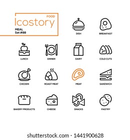 Meal - modern line design style icons set. Images of dish, breakfast, lunch, dinner, dairy, cold cuts, chicken, roast meat, sandwich, bakery products, cheese, snacks, pastry. Cafe, restaurant menu