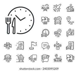 Signo del reloj de la orden de la comida. Iconos de esquema de plano, cadena de suministro y ubicación de sitio. Icono de línea de tiempo de comida. Símbolo del horario de apertura del restaurante. Signo de línea horaria de comida. Transporte de taxis, alquiler de un icono de bicicleta. Vector