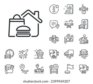 Meal order at home sign. Plane, supply chain and place location outline icons. Food delivery line icon. Fast food deliver symbol. Food delivery line sign. Taxi transport, rent a bike icon. Vector