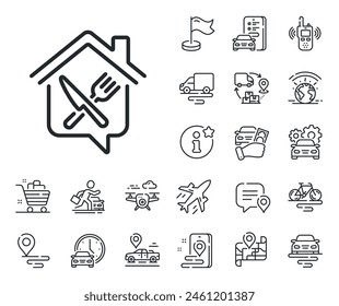 Meal order at home sign. Plane, supply chain and place location outline icons. Food delivery line icon. House food deliver symbol. Food delivery line sign. Taxi transport, rent a bike icon. Vector