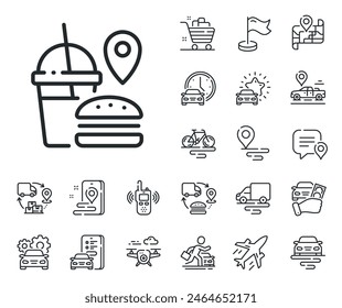 Ortsschild für Mahlzeitenbestellung Symbole für Ebene, Lieferkette und Platzierungsübersicht. Symbol für Lebensmittellieferposition. Fast-Food-Symbol. Fast Food Line-Schild. Taxi Transport, ein Fahrrad mieten Ikone. Reiseplan. Vektorgrafik