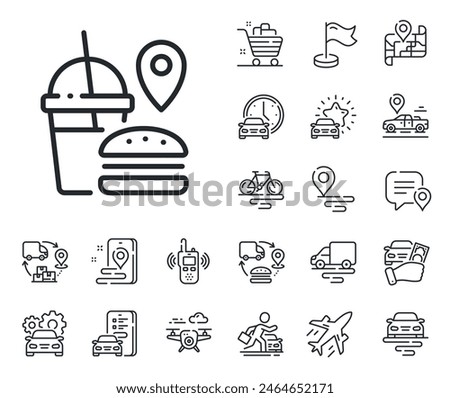 Meal order location sign. Plane, supply chain and place location outline icons. Food delivery line icon. Fast food symbol. Fast food line sign. Taxi transport, rent a bike icon. Travel map. Vector