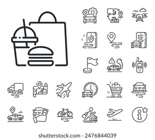 Meal order sign. Plane, supply chain and place location outline icons. Food delivery line icon. Fast food symbol. Fast food line sign. Taxi transport, rent a bike icon. Travel map. Vector