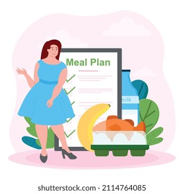Meal plan concept. Girl forces her diet. Weight gain and weight loss, character near leaf and products. Fitness and health care. Banana, eggs, milk or water. Cartoon flat vector illustration