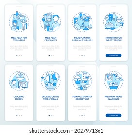 Meal plan and dieting related blue onboarding mobile app page screen set. Walkthrough 4 steps graphic instructions with concepts. UI, UX, GUI vector template with linear color illustrations
