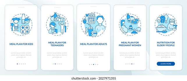 Meal plan for different age groups blue onboarding mobile app page screen. Walkthrough 5 steps graphic instructions with concepts. UI, UX, GUI vector template with linear color illustrations