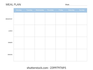 meal plan, minimalistic weekly meal planner printable template. Meal planning and groceries list. Healthy meal plan for diet and foot. Vector template. EPS 10