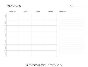meal plan, minimalistic weekly meal planner printable template. Meal planning and groceries list. Healthy meal plan for diet and foot. Vector template. EPS 10