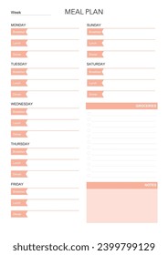 meal plan, minimalistic weekly meal planner printable template. Meal planning and groceries list. Healthy meal plan for diet and foot. Vector template. EPS 10