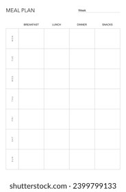 meal plan, minimalistic weekly meal planner printable template. Meal planning and groceries list. Healthy meal plan for diet and foot. Vector template. EPS 10