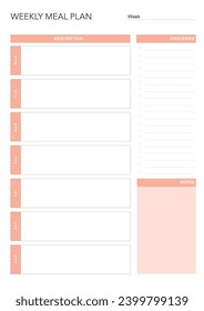 meal plan, minimalistic weekly meal planner printable template. Meal planning and groceries list. Healthy meal plan for diet and foot. Vector template. EPS 10
