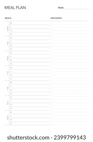 meal plan, minimalistic weekly meal planner printable template. Meal planning and groceries list. Healthy meal plan for diet and foot. Vector template. EPS 10