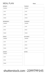 meal plan, minimalistic weekly meal planner printable template. Meal planning and groceries list. Healthy meal plan for diet and foot. Vector template. EPS 10