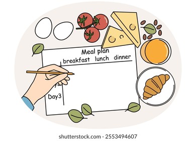 Meal plan on table of nutritionist near ingredients for preparing beneficial food and person hand with pencil. Human prepares meal plan for weight loss or low-calorie diet with healthy effect