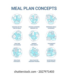 Meal Plan Related Blue Concept Icons Set. Preparing Food Idea Thin Line Color Illustrations. Shopping And Cooking. Prep Products Ahead. Eating Habits. Vector Isolated Outline Drawings. Editable Stroke