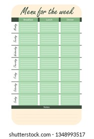 meal plan for the week vector. green menu options for the week. template for food diary.