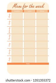 meal plan for the week vector.orange menu options for the week. template for food diary.