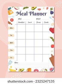 Meal planner with days of week. Recipe and ingredients, food. Breakfast, lunch, dinner and snacks. Template, layout and mock up. Cartoon flat vector illustration isolated on pink background