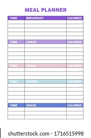 Planificador de comidas para diario, organizador, portátil. Planner A4 impreso. Ilustración vectorial. 