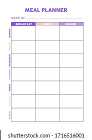 Planificador de comidas para diario, organizador, portátil. Planner A4 impreso. Ilustración vectorial. 
