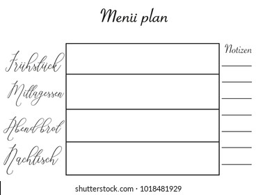 Meal planner in German. A4 template with hand lettering. The design in kept simple.