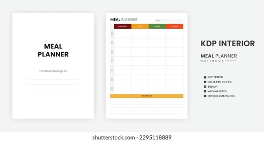 Meal Planner and Grocery List Printable Notebook KDP Interior. A belongs to page US letter size on white background. Meal Planner page with the Kindle Direct Publishing Interior Template.