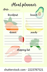 Meal planner printable page. Vector template of daily cooking plan and shopping list. Illustration with food on background.