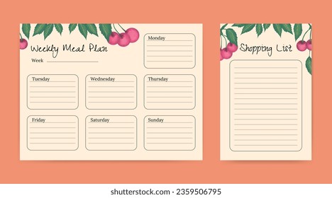 meal planner and shopping list template with fruit illustration