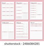Meal planners set. Daily, weekly, monthly meal planners, daily food log, grocery list and recipe card. A4 printable templates.