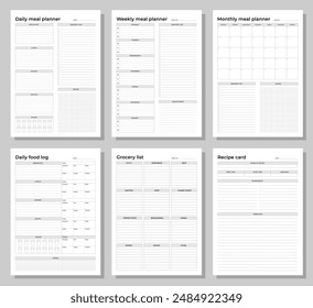 Meal planners set. Daily, weekly, monthly meal planners, daily food log, grocery list and recipe card. A4 printable templates.