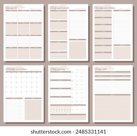 Meal planners set. Daily, weekly, monthly meal planners, daily food log, grocery list and recipe card. A4 printable templates.