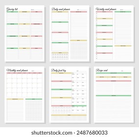 Meal planners set. Daily, weekly, monthly meal planners, daily food log, grocery list and recipe card. A4 printable templates.