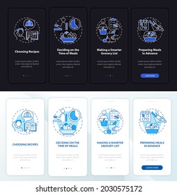 Meal planning basics day, night onboarding mobile app page screen. Walkthrough 4 steps graphic instructions with concepts. UI, UX, GUI vector template with linear night and day mode illustrations