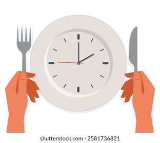 Meal planning for diet concep. Breakfast  Clock  Concepts  Plate Vector illustration. Diet plan with healthy food. Nutritionist. Weight loss, calorie control and physical activity.  stock illustration