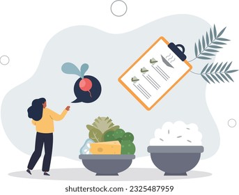 Meal planning as plan for effective food preparation.Healthy eating with balanced vegetables, meat and vitamins intake for weight loss.flat vector illustration.