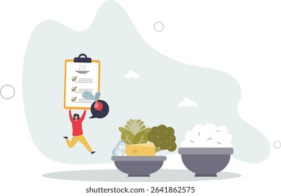 Meal planning as plan for effective food preparation.Healthy eating with balanced vegetables, meat and vitamins intake for weight loss. character life .