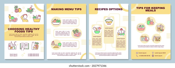 Meal planning tips brochure template. Making menu. Flyer, booklet, leaflet print, cover design with linear icons. Vector layouts for presentation, annual reports, advertisement pages