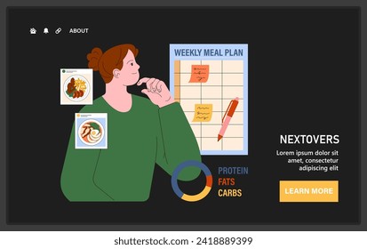 Meal planning web or landing. Woman contemplates a balanced diet with a weekly meal plan chart, aiming to reduce food waste. Flat vector illustration.