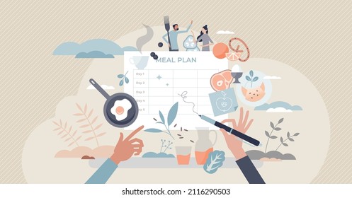 Meal Planning And Weekly Healthy Food Diet Organization Tiny Person Concept. Week Menu For Weight Care, Fitness And Responsible Slimming Vector Illustration. Nutrition Management Weekly Control Notes.